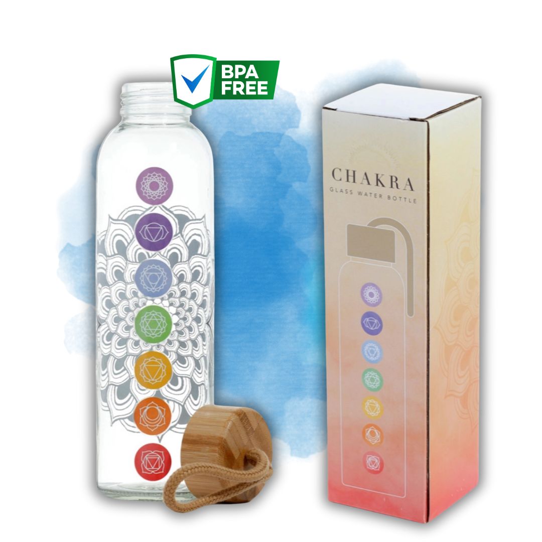 Buy Sacred Remedy 500ml Reusable 7 Chakra Symbols BPA Free Glass Water Bottle with Bamboo Lid. Eco Friendly, Empowering, Strong Design - EMPOWERING DESIGN: BPA FREE CONSTRUCTION: 500ML CAPACITY: DURABLE AND REUSABLE: ECO FRIENDLY CHOICE: Refill this bottle instead of buying plastic to reduce waste and plastic pollution in our environment. Made using food grade glass and a bamboo lid, this bottle is free of harmful BPA and other toxic chemicals. at Sacred Remedy Online