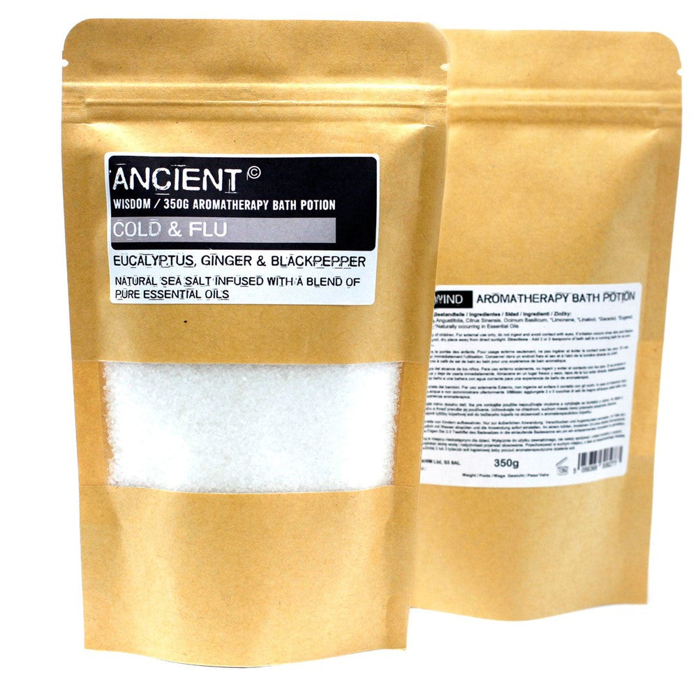 Buy Cold & Flu: Eucalyptus, Ginger & Blackpepper Aromatherapy Bath Salts - These aromatherapy bath salts are just what you need after a long and stressful day. Those with sore, dry or irritated skin will particularly benefit from a salt bath. These Aromatherapy Bath Potions are made with an artful blend of Pure Essential Oils in sea salt. 350g Cold & Flu bath salt blend. Eucalyptus, Ginger and Blackpepper natural sea salt infused with a blend of pure essential oils. Adding a little sea salt to the bath can 