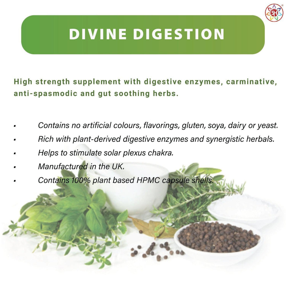 Buy Divine Digestion | Carminative, Anti-spasmodic & Gut-soothing - The digestive system is also linked to a large energy center known as the Solar Plexus chakra. This is a high-strength supplement which combines a broad spectrum range of plant-derived digestive enzymes with carminative, anti-spasmodic and gut-soothing herbs. at Sacred Remedy Online