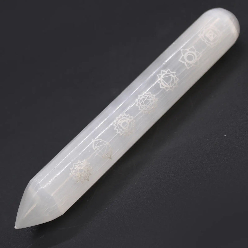 Buy Engraved Selenite Wand Reiki, Feng Shui, Crystal Healing & Meditation - Wand: used to cleanse the aura, move stagnant energy, and encourage flow Keep a selenite wand by the front door to cleanse energy as you walk in. Use selenite to amplify the energy of other crystals. Selenite towers amplify energy, so if you put a selenite tower near other crystals, expect a huge increase. Enhance meditation practice. at Sacred Remedy Online