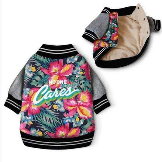 Buy Floral Insulated Dog Jacket 'No one Cares' Slogan Hawaii pattern varsity style - at Sacred Remedy Online