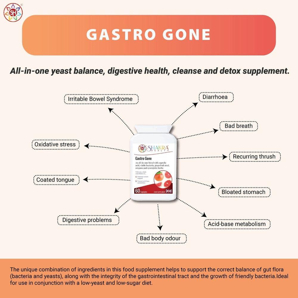 Buy Gastro Gone | Anti-Candida, Healthy Gut & Detox Supporting Formula - Gastro Gone is an all-in-one yeast balance, digestive health, cleanse and detox supplement. The unique combination of ingredients in this food supplement helps to support the correct balance of gut flora (bacteria and yeasts), along with the integrity of the gastrointestinal tract and the growth of friendly bacteria. at Sacred Remedy Online