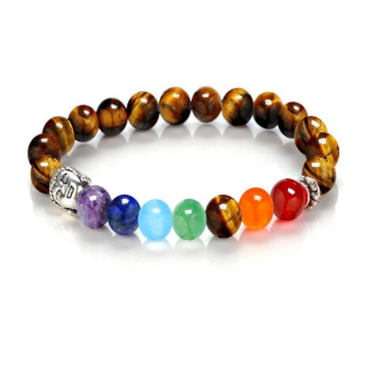 Buy Natural Stone 7 Chakra Healing Bracelet with Silver Buddha Head - This gorgeous 7 Chakra gemstone bracelet features: Amethyst for the Crown Chakra; Lapis Lazuli for Third Eye Chakra; Aquamarine for Throat Chakra; Green Aventurine for Heart Chakra; Tiger Eye for Solar Plexus; Orange Calcite for Sacral; Red Agate for Root. What a great way of balancing your chakras! at Sacred Remedy Online