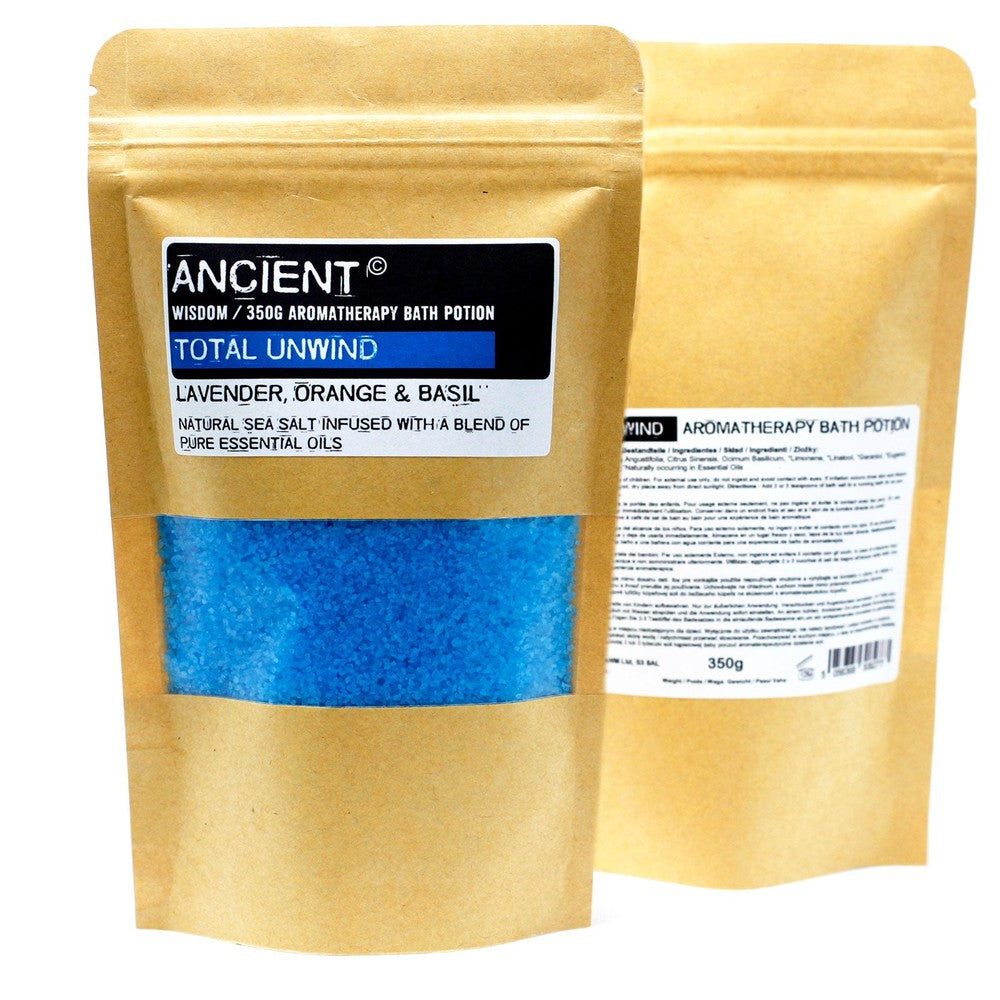 Buy - 350g Total Unwind bath salt blend. Lavender, Orange and Basil natural sea salt infused with a blend of pure essential oils. The calming properties of the lavender oil help create a serene environment that is optimal for resting well and staying asleep. Its light, floral scent can also help ease feelings of tension and will make you feel at ease and peaceful emotionally. If you're looking for a way to relieve stress, ease achy muscles, and treat irritated skin, you may want to consider taking a sea sal