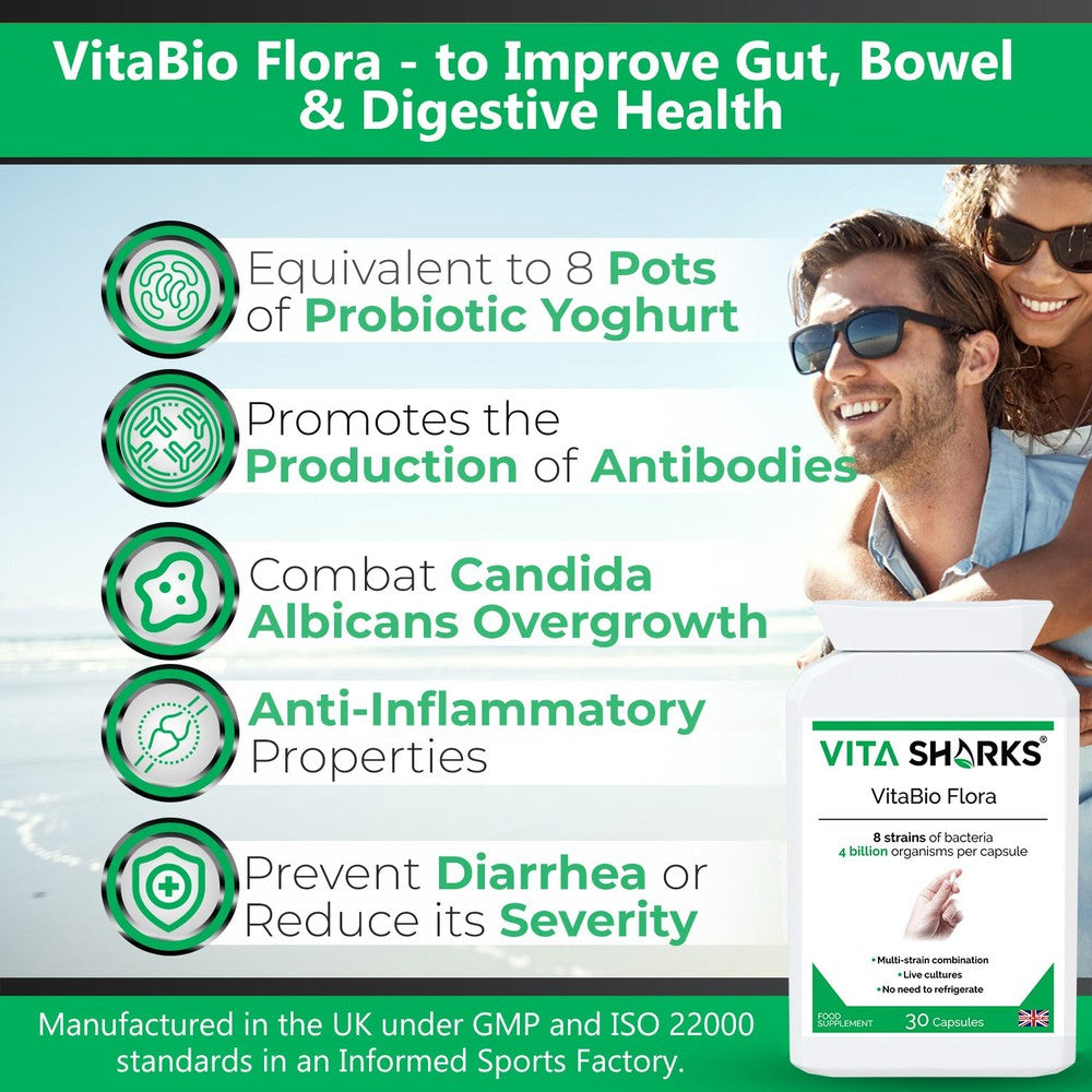 Buy VitaBio Flora | Probiotic Natural Immune & Gut Support - A high-strength, multi-strain probiotic health supplement with 4 billion friendly bacteria per capsule. Specifically formulated for natural health practitioners who treat digestive and intestinal disorders. Ideal for use following antibiotics, travelling abroad and colonic hydrotherapy treatment. at Sacred Remedy Online