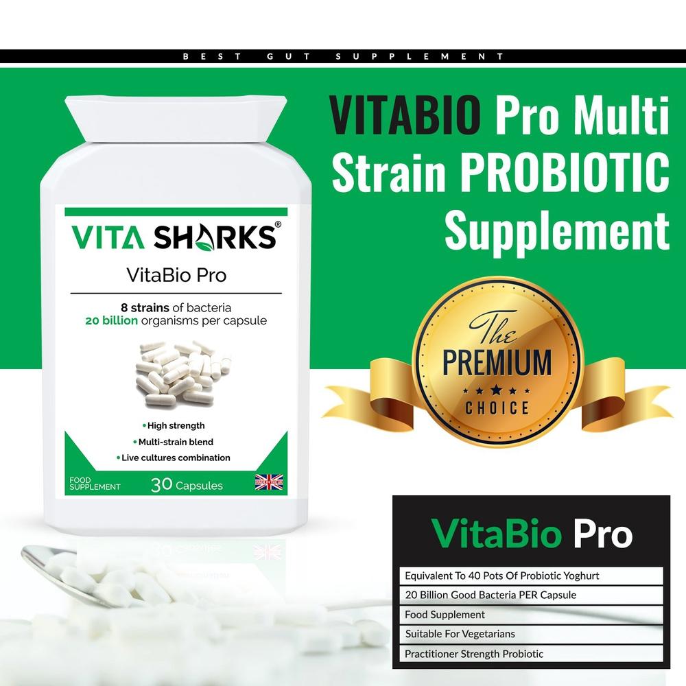 Buy VitaBio Pro | Quality UK Immune Health Support Supplements & Vitamins - VitaBio Pro is a practitioner-strength, multi-strain probiotic supplement with 20 billion friendly bacteria per capsule - equivalent to 40 pots of probiotic yoghurt, but without the added sugar, dairy and fat. It provides 8 strains of friendly lactic bacteria which should inhabit a healthy gut, and offers full-spectrum support of the upper and lower bowel. at Sacred Remedy Online