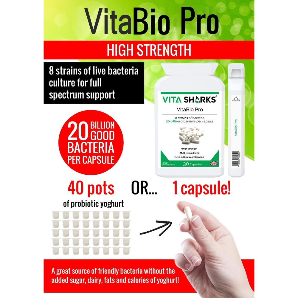 Buy VitaBio Pro | Quality UK Immune Health Support Supplements & Vitamins - VitaBio Pro is a practitioner-strength, multi-strain probiotic supplement with 20 billion friendly bacteria per capsule - equivalent to 40 pots of probiotic yoghurt, but without the added sugar, dairy and fat. It provides 8 strains of friendly lactic bacteria which should inhabit a healthy gut, and offers full-spectrum support of the upper and lower bowel. at Sacred Remedy Online