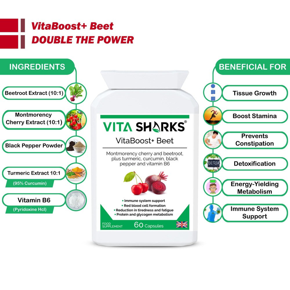 Buy VitaBoost+ Beet | Quality Natural Immune Supporting Antioxidants - A supplement high in bioavailable antioxidants (including anthocyanins) containing non-irritating iron; with black pepper increasing absorption and utilisation of the beneficial ingredients in the formula. Supporting the reduction of tiredness and fatigue, energy-yielding metabolism, immunity, red blood cell formation. at Sacred Remedy Online