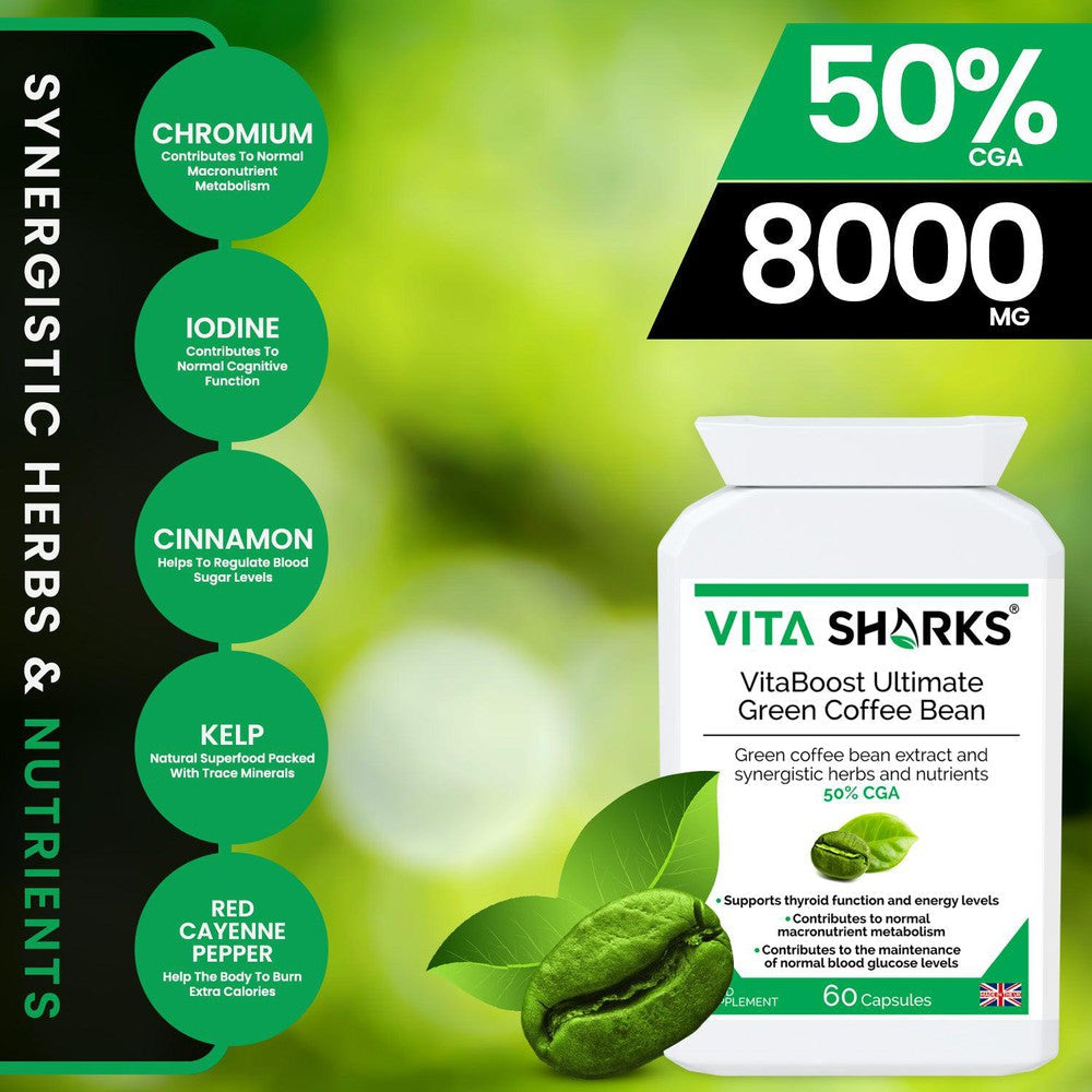 Buy VitaBoost Ultimate Green Coffee Bean | Appetite, cravings, training - VitaBoost Ultimate Green Coffee Bean is a high-strength UK-manufactured supplement with 50% Chlorogenic Acid (CGA). Formulated with Kelp, Cinnamon, Cayenne and Chromium. It may support the balance of sugar levels and weight by slowly releasing glucose after meals. Achieve your new year goals and strive for optimal results with VitaBoost Ultimate Green Coffee Bean. at Sacred Remedy Online