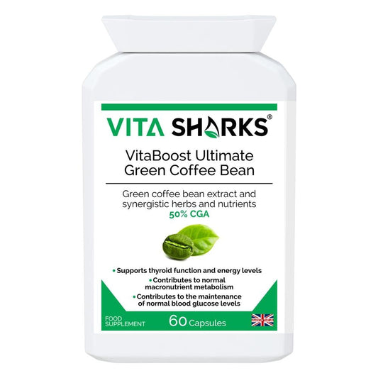 Buy VitaBoost Ultimate Green Coffee Bean | Appetite, cravings, training - VitaBoost Ultimate Green Coffee Bean is a high-strength UK-manufactured supplement with 50% Chlorogenic Acid (CGA). Formulated with Kelp, Cinnamon, Cayenne and Chromium. It may support the balance of sugar levels and weight by slowly releasing glucose after meals. Achieve your new year goals and strive for optimal results with VitaBoost Ultimate Green Coffee Bean. at Sacred Remedy Online