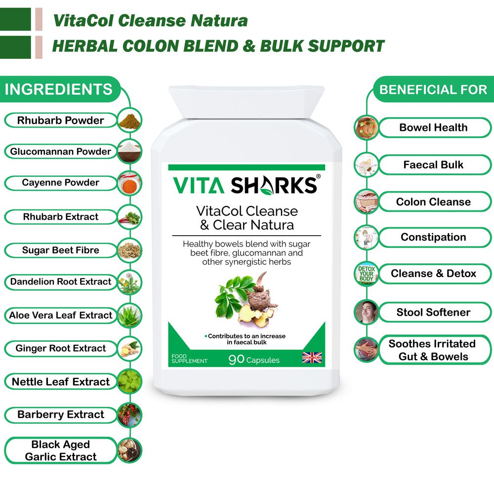 Buy VitaCol Cleanse & Clear Natura | High Quality Colon Cleanser - A fast-acting colon cleanser, designed for the chronically constipated in need of strong treatment for a blocked bowel. Purgatives have been combined with carminatives to prevent griping. A tried and tested combination of active ingredients known as the ultimate herbal laxative. Sugar beet fibre has also been added to the formula, to offer specific support for an increase in faecal bulk and normal bowel function. at Sacred Remedy Online