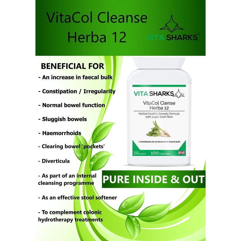 Buy VitaCol Cleanse Herba 12 | Potent Herbal Colon Cleanser - Popular with colonic hydrotherapists, VitaCol Cleanse Herba 12 contains a range of active herbal ingredients specifically selected to contribute to an increase in faecal bulk & normal bowel function. They also act to gently cleanse, stimulate and tone the bowel wall, supporting a move towards unassisted bowel movements. at Sacred Remedy Online