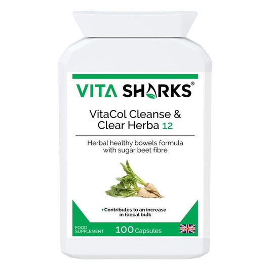 Buy VitaCol Cleanse Herba 12 | Potent Herbal Colon Cleanser - Popular with colonic hydrotherapists, VitaCol Cleanse Herba 12 contains a range of active herbal ingredients specifically selected to contribute to an increase in faecal bulk & normal bowel function. They also act to gently cleanse, stimulate and tone the bowel wall, supporting a move towards unassisted bowel movements. at Sacred Remedy Online