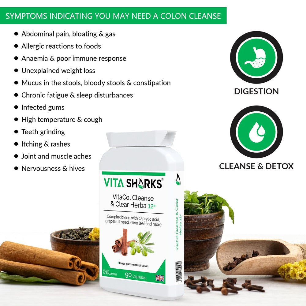 Buy VitaCol Clense Herba 12+ | Quality Cleanse & Detox Health Supplement - VitaCol Clense Herba 12+ is a broad-spectrum gastrointestinal cleanse & detox supplement, to support a balanced lower digestive tract & protect against internal parasites, worms & other harmful micro-organisms. It contains a range of tried and tested herbs and concentrated foods to support digestive tract health. at Sacred Remedy Online