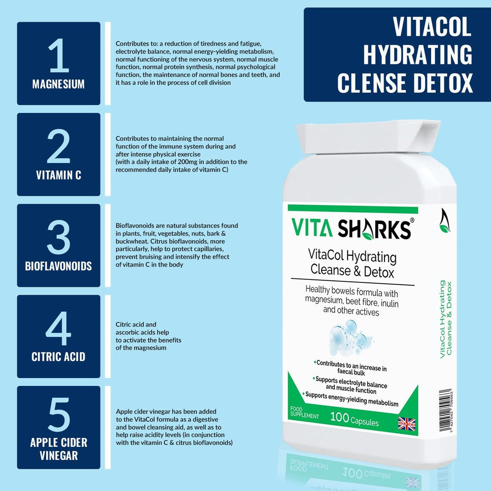 Buy VitaCol Hydrating Clense & Detox Quality UK Health Supplement - A powerful, yet gentle, non-habit forming health supplement colonics formula, with nutrients specifically selected to contribute to an increase in faecal bulk and normal bowel function. at Sacred Remedy Online