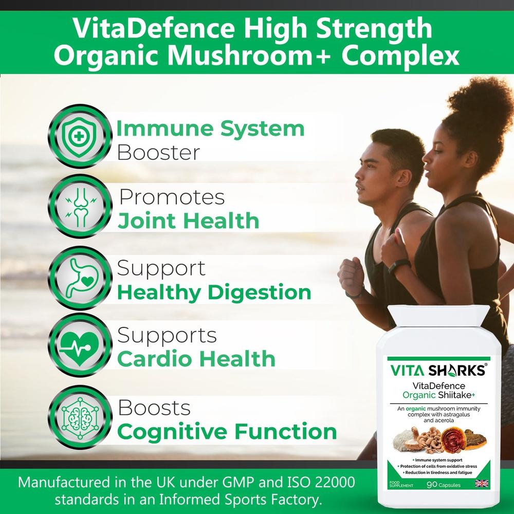 Buy VitaDefence Organic Shiitake+ | Quality Immune Health Supplement - An organic mushroom immunity blend with Maitake, Reishi, Shiitake, Lion's Mane, Chaga PLUS Astragalus root, Acerola fruit and black pepper - all in one convenient capsule, providing important nutrients (such as vitamin C and vegan vitamin D) and active ingredients that are not found in other plants. at Sacred Remedy Online