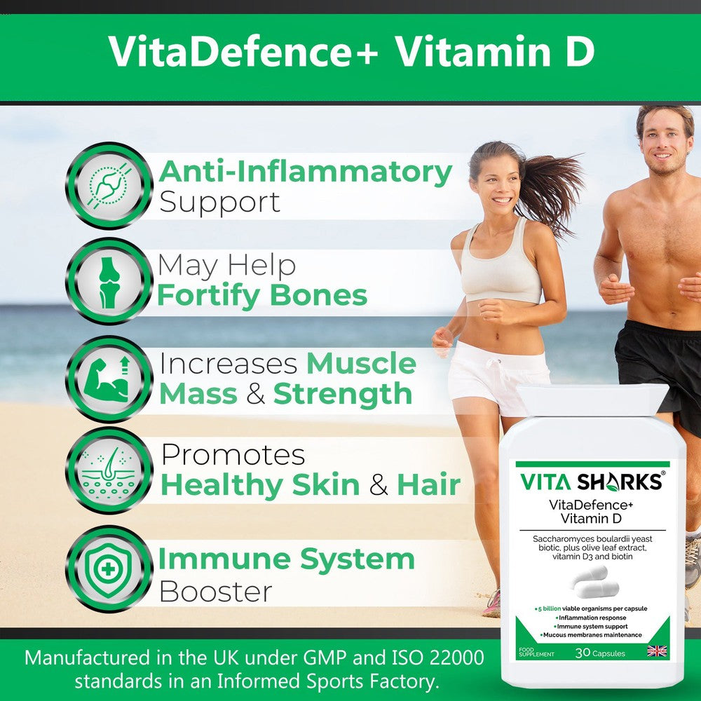 Buy VitaDefence+ Vitamin D | Quality Immune Health Vitamin Supplements - A high-strength Saccharomyces boulardii probiotic yeast plus added olive leaf extract, vitamin D3 and biotin supplement. Vitamin D contributes to inflammation response, biotin supports healthy mucous membranes & Saccharomyces Boulardii prevents pathogenic bacteria (such as E.Coli) from adhering to the intestinal walls. at Sacred Remedy Online