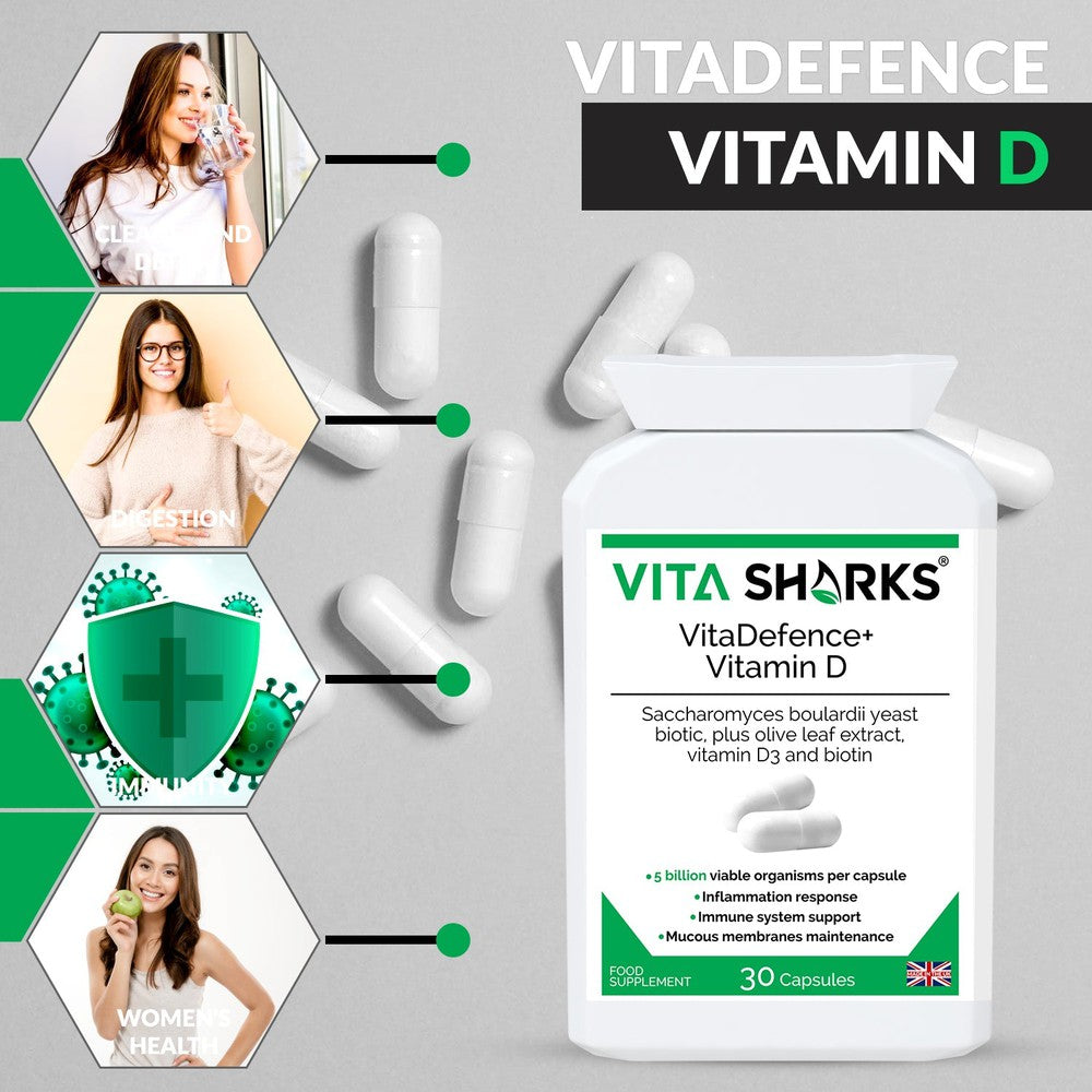 Buy VitaDefence+ Vitamin D | Quality Immune Health Vitamin Supplements - A high-strength Saccharomyces boulardii probiotic yeast plus added olive leaf extract, vitamin D3 and biotin supplement. Vitamin D contributes to inflammation response, biotin supports healthy mucous membranes & Saccharomyces Boulardii prevents pathogenic bacteria (such as E.Coli) from adhering to the intestinal walls. at Sacred Remedy Online