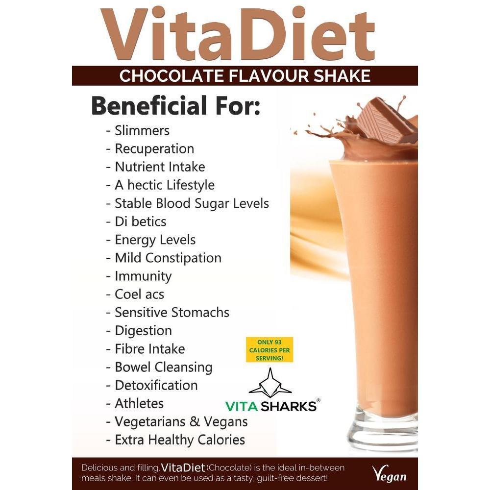 Buy VitaDiet Chocolate Shake | Vegan Meal Replacement Immune Health - A dairy-free, gluten-free & vegan meal shake & non-GM soya isolate protein powder that has been fortified with vitamins and minerals. High in protein, low in saturated fat & with no artificial sweeteners, this chocolate flavoured daily shake is also high in dietary fibre. A tasty, guilt-free dessert - just 93 calories per serving! Also available in Vanilla Flavour. at Sacred Remedy Online