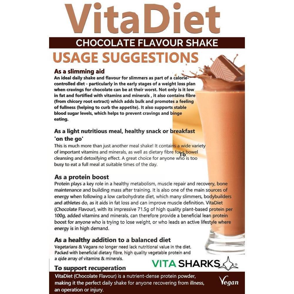 Buy VitaDiet Chocolate Shake | Vegan Meal Replacement Immune Health - A dairy-free, gluten-free & vegan meal shake & non-GM soya isolate protein powder that has been fortified with vitamins and minerals. High in protein, low in saturated fat & with no artificial sweeteners, this chocolate flavoured daily shake is also high in dietary fibre. A tasty, guilt-free dessert - just 93 calories per serving! Also available in Vanilla Flavour. at Sacred Remedy Online