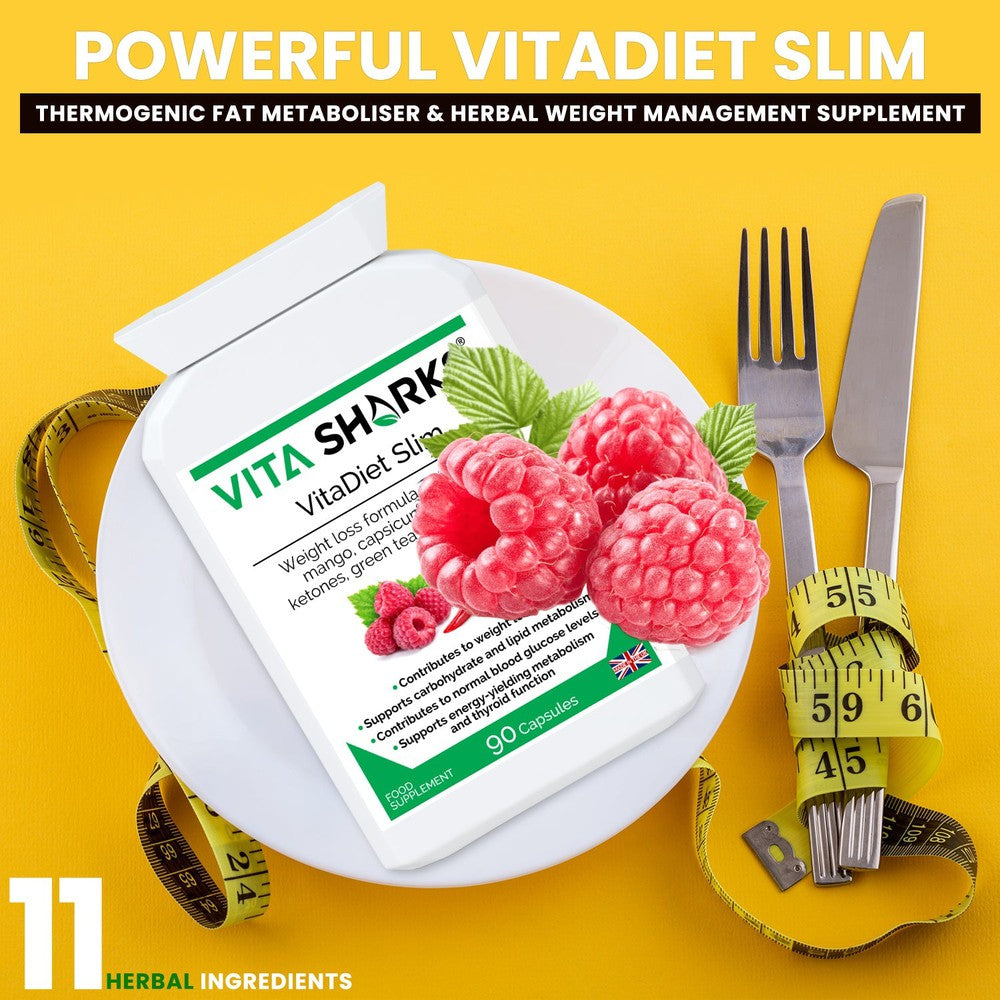 Buy VitaDiet Slim | Thermogenic Fat Metaboliser Quality Dieting Supplement - A thermogenic fat metaboliser & herbal weight management health supplement, supporting the body's natural fat burning processes, along with the feeling of fullness, energy levels, thyroid function, carbohydrate, lipid and fatty acid metabolism, stable blood sugar levels & other vital aspects of effective weight loss. at Sacred Remedy Online