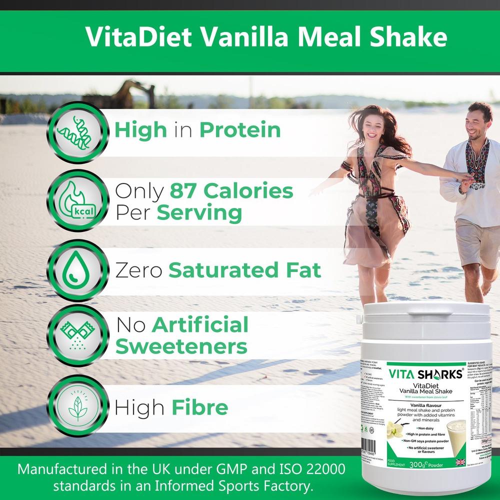 Buy VitaDiet Vanilla | Meal Replacement Shake Immune Health Supplements - Tasty filling meal shake or guilt-free dessert at just 87 calories per serving! Ideal daily shake for slimmers as part of a calorie-controlled diet. Low in fat & fortified with vitamins minerals, also containing fibre adding bulk and promoting a feeling of fullness (helping to curb the appetite). at Sacred Remedy Online