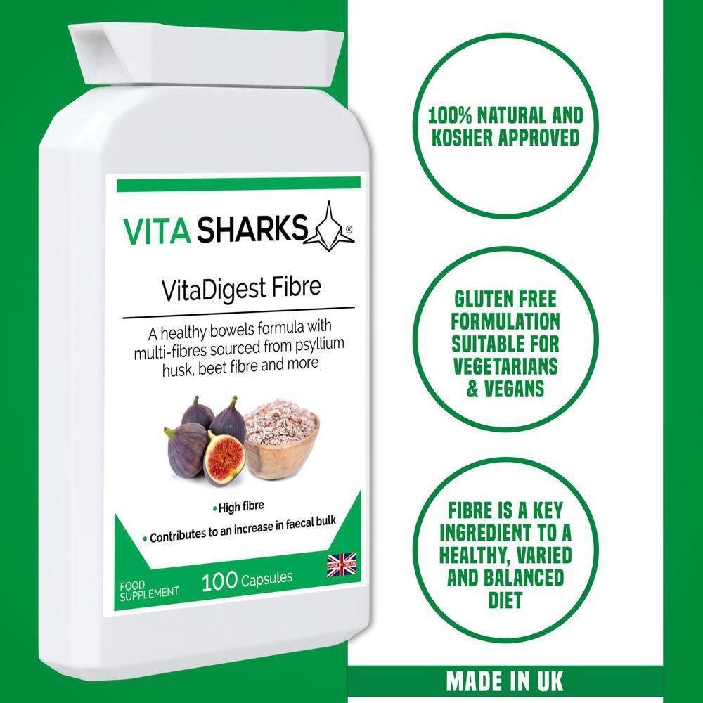Buy VitaDigest Fibre | Multi-Fibre Complex increase Faecal Bulk - A multi-fibre blend, providing 513mg of dietary fibre per capsule. The high-quality fibre is derived from psyllium husk, flaxseed, sugar beet, prune juice, fig fruit, rhubarb, pectin and other naturally high-fibre foods and herbs. at Sacred Remedy Online