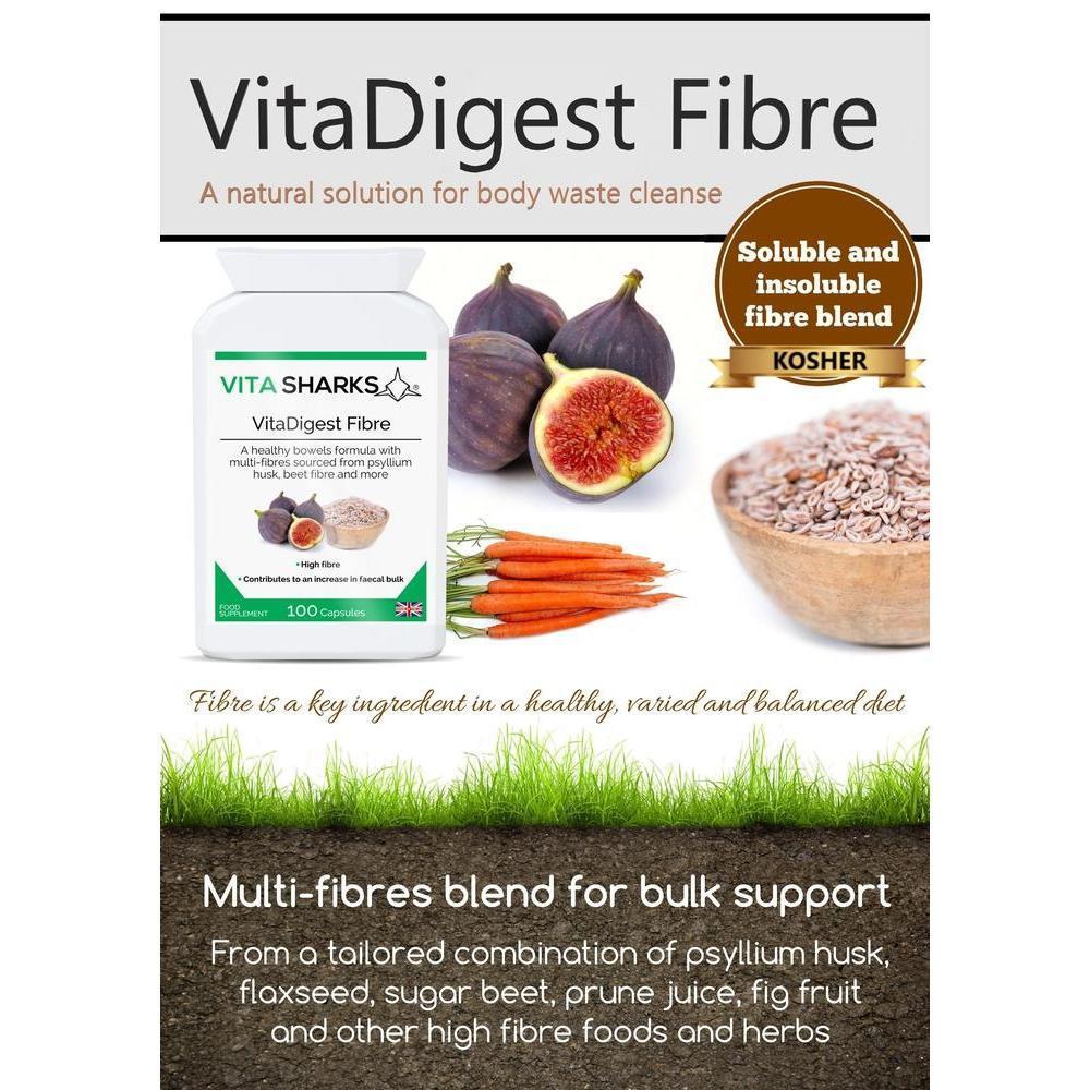 Buy VitaDigest Fibre | Multi-Fibre Complex increase Faecal Bulk - A multi-fibre blend, providing 513mg of dietary fibre per capsule. The high-quality fibre is derived from psyllium husk, flaxseed, sugar beet, prune juice, fig fruit, rhubarb, pectin and other naturally high-fibre foods and herbs. at Sacred Remedy Online