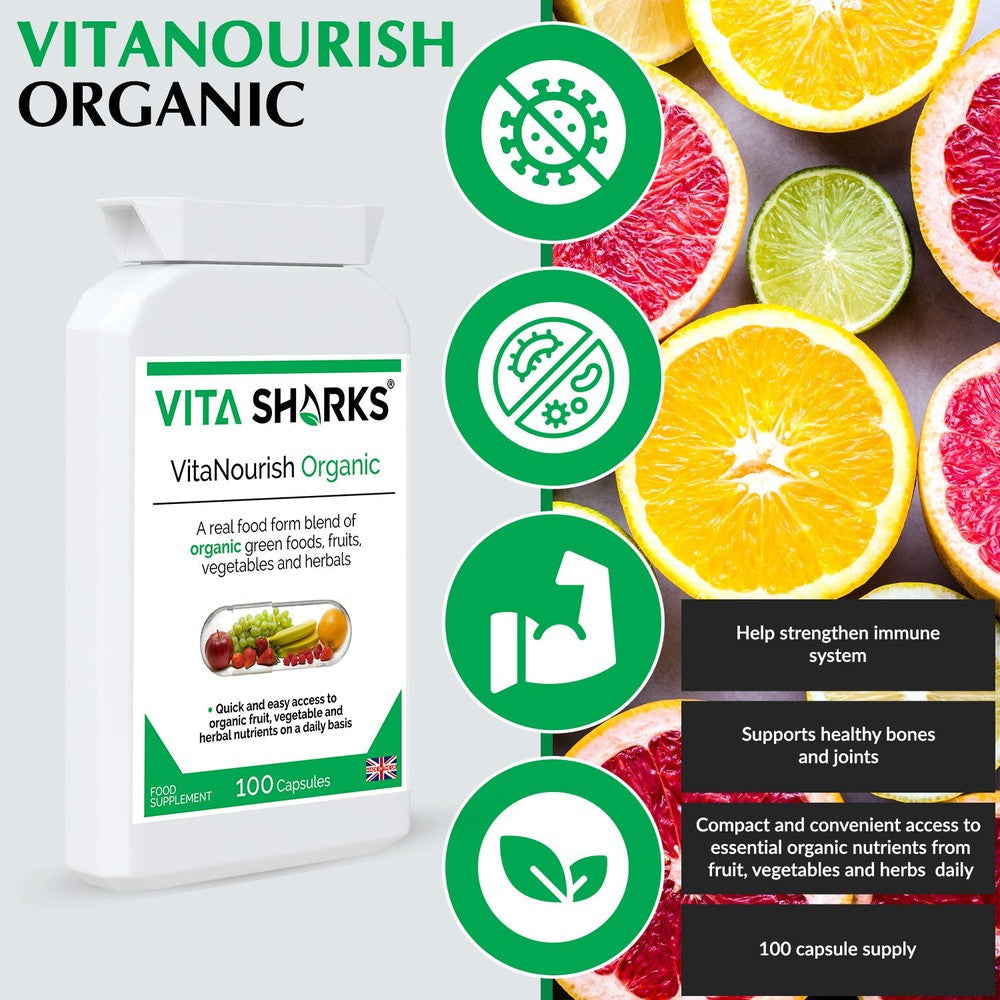 Buy VitaNourish Organic | High Quality UK Whole Food Health Supplement - A comprehensive whole food health supplement, with some of the most nutrient-dense ingredients that nature has to offer: Pre-sprouted activated barley, alfalfa, barley grass, beetroot, bilberry fruit, carrot, dandelion root, green tea leaf, kelp, lemon peel, spinach leaf, spirulina, turmeric and wheatgrass. at Sacred Remedy Online