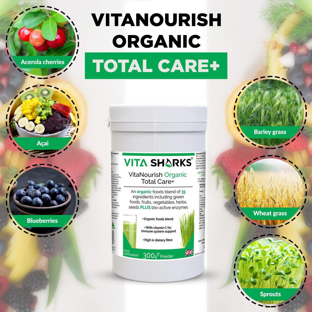 Buy VitaNourish Organic Total Care+ | Quality Health & Vitamin Supplements - 35 green foods, vegetables, fruits, berries, herbs, sprouts, mushrooms & seeds plus bio-active enzymes. Organic vegan nutrition made easy, with food form vitamin C plus plant protein. Great all-round health supplement to support immunity, digestion (bulk), energy levels, cleansing, detoxification alkalising of the body at Sacred Remedy Online