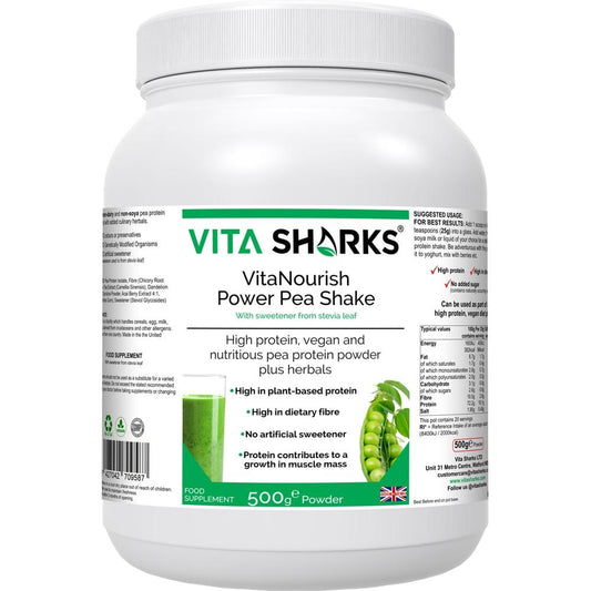 Buy VitaNourish Power Pea Shake | Quality UK Health & Vitamin Supplements - A high quality pea protein powder (from snap peas), blended with a range of other nutrient-dense superfoods and herbs for added antioxidants, fibre and phyto-nutrients. This unique formula contains a concentrated level of pea protein - from the 6% found in fresh peas up to around 80% providing 72.2g of protein per 100g at Sacred Remedy Online
