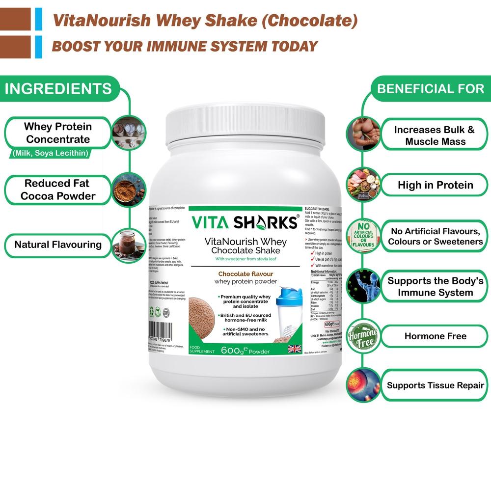Buy VitaNourish Whey Chocolate Shake | Quality UK Health & Vitamin Support - A premium quality chocolate flavoured whey protein powder, derived from a blend of concentrate & isolate - NO artificial flavours, colours or sweeteners. Providing over 23g of protein & just 2g of fat per 30g serving, contains only the highest grade hormone-free milk, sourced from EU & British cows - no GMOs at Sacred Remedy Online