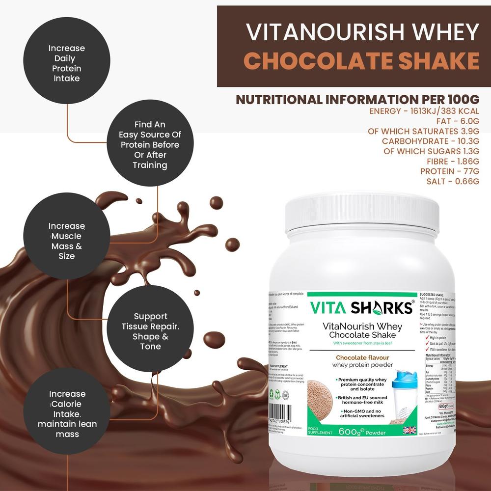 Buy VitaNourish Whey Chocolate Shake | Quality UK Health & Vitamin Support - A premium quality chocolate flavoured whey protein powder, derived from a blend of concentrate & isolate - NO artificial flavours, colours or sweeteners. Providing over 23g of protein & just 2g of fat per 30g serving, contains only the highest grade hormone-free milk, sourced from EU & British cows - no GMOs at Sacred Remedy Online