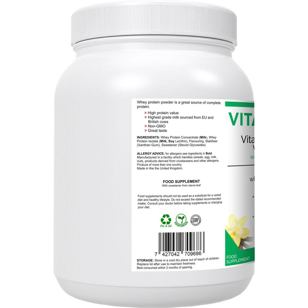 Buy VitaNourish Whey Vanilla Shake | Quality UK Health & Vitamin Support - Can be used before or after exercise, or at any time of day as a protein-rich, muscle building and appetite curbing snack. Derived from a blend of concentrate and isolate - NO artificial flavours, colours or sweeteners. Highest grade hormone-free milk, sourced from EU and British cows - no GMOs. at Sacred Remedy Online