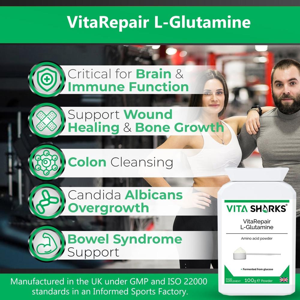 Buy VitaRepair L-Glutamine | High Quality UK Health & Vitamin Supplements - L-Glutamine the natural form of glutamine, is needed for a wide range of repair & maintenance functions, such as wound healing, muscle & bone growth, digestive health & gut wall integrity. This pure amino acid powder is used by athletes following gruelling training routines (it breaks down uric acid from proteins). at Sacred Remedy Online