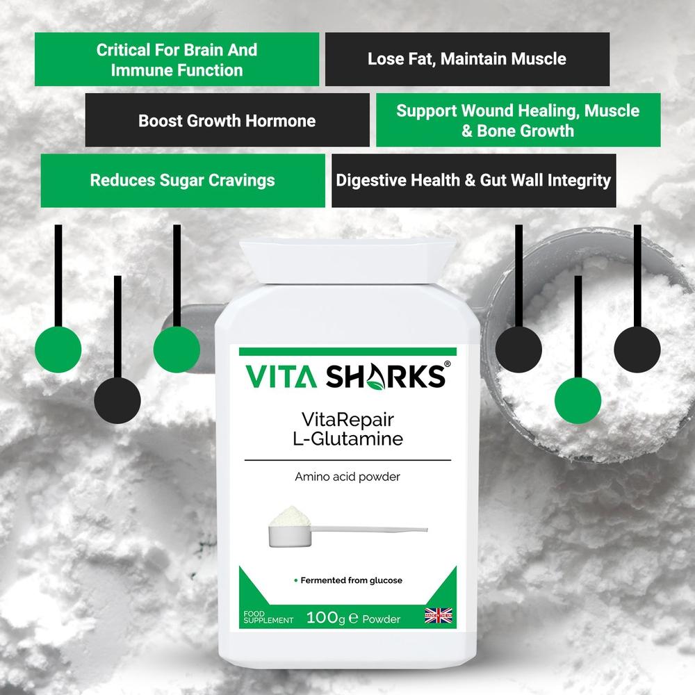 Buy VitaRepair L-Glutamine | High Quality UK Health & Vitamin Supplements - L-Glutamine the natural form of glutamine, is needed for a wide range of repair & maintenance functions, such as wound healing, muscle & bone growth, digestive health & gut wall integrity. This pure amino acid powder is used by athletes following gruelling training routines (it breaks down uric acid from proteins). at Sacred Remedy Online