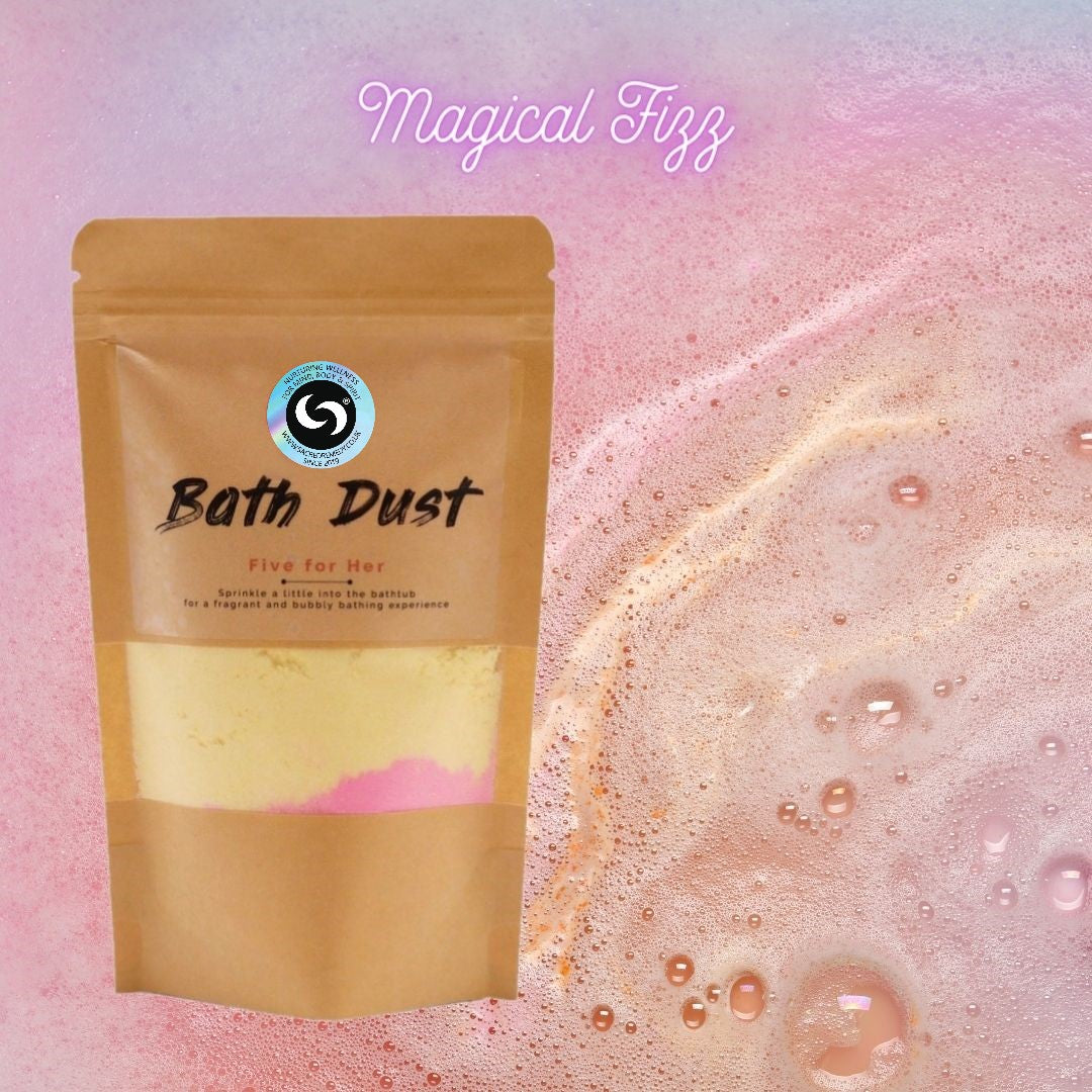 Buy Five for Her Luxury Bath Dust | Bubbly Bath Bomb Experience - Step into the ultimate luxury of relaxation with Five for Her Bath Dust. Redefine your bath time with this exceptional product. Indulge in a sensory experience with vibrant fragrances that contain citric acid and sodium bicarbonate to gently caress your skin. Plus, Shea Butter leaves your skin soft and supple. at Sacred Remedy Online