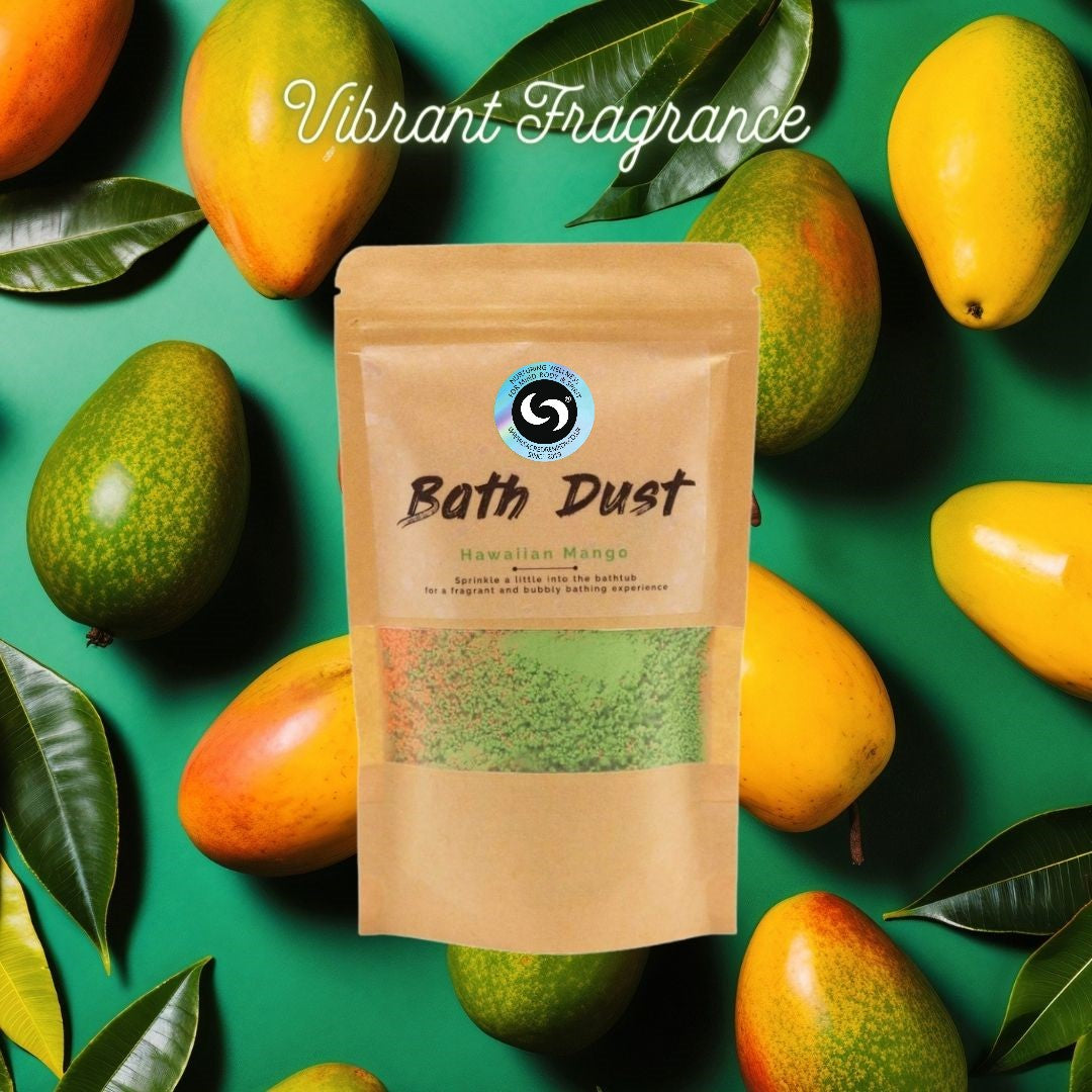 Buy Hawaiian Mango Bath Dust. A Luxuriously Tropical Bath Experience - Turn bathing into a tropical adventure with our Hawaiian Mango Bath Dust! Immerse yourself in vibrant orange and green waters while indulging in the irresistible scent of ripe mango. Treat yourself to a playful and refreshing bath experience. (Lather up some fun with this fruity bath dust!) at Sacred Remedy Online