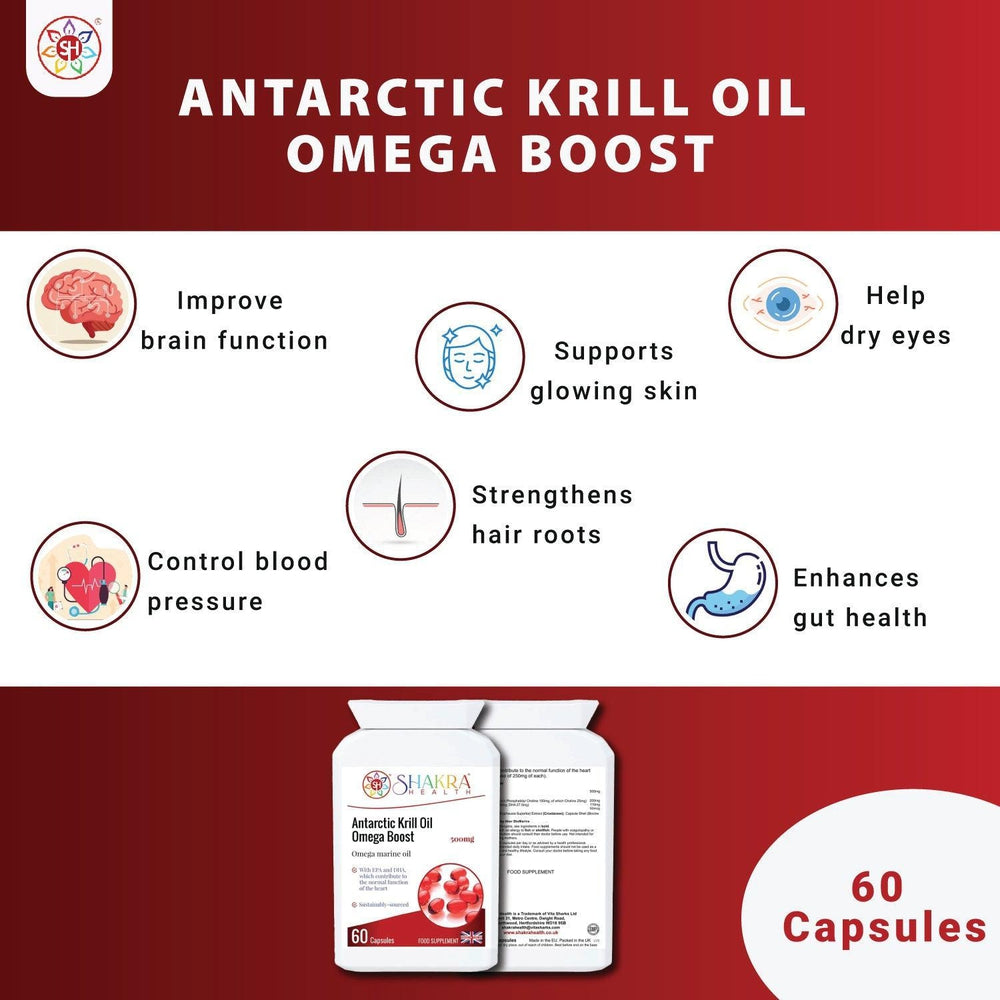 Buy Antarctic Krill Oil Omega Boost by Shakra Health Supplements - You want to support your thinking, your mental energy and your spiritual vitality? Antarctic Krill Oil Omega Boost is your answer. In fact, krill oil may be even more effective at fighting inflammation than other marine omega-3 sources because it appears to be easier for the body to use. What’s more, krill oil contains a pink-orange pigment called astaxanthin, which has anti-inflammatory and antioxidant effects. at Sacred Remedy Online