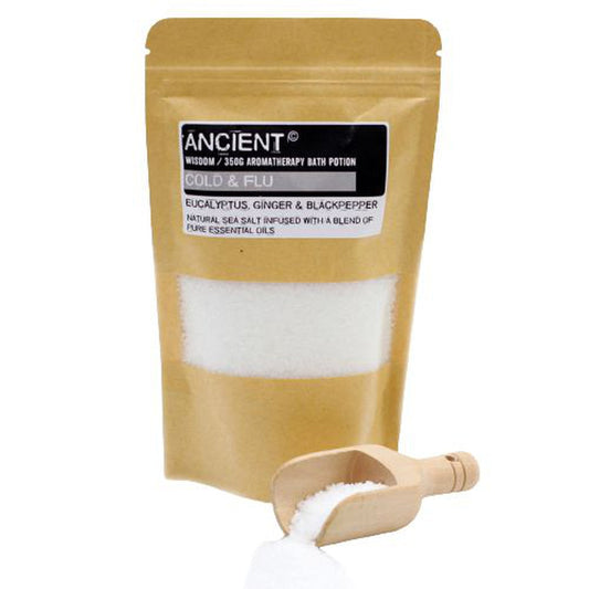 Buy at SacredRemedy.co.uk. Looking for quality Bath Salts? We stock Ancient Wisdom: These aromatherapy bath salts are just what you need after a long and stressful day. Those with sore, dry or irritated skin will particularly benefit from a salt bath. These Aromatherapy Bath Potions are made with an artful blend of Pure Essential Oils in sea salt. 350g Cold & Flu bath salt blend. Eucalyptus, Ginger and Blackpepper natural sea salt infused with a blend of pure essential oils. Adding a little sea salt to the 