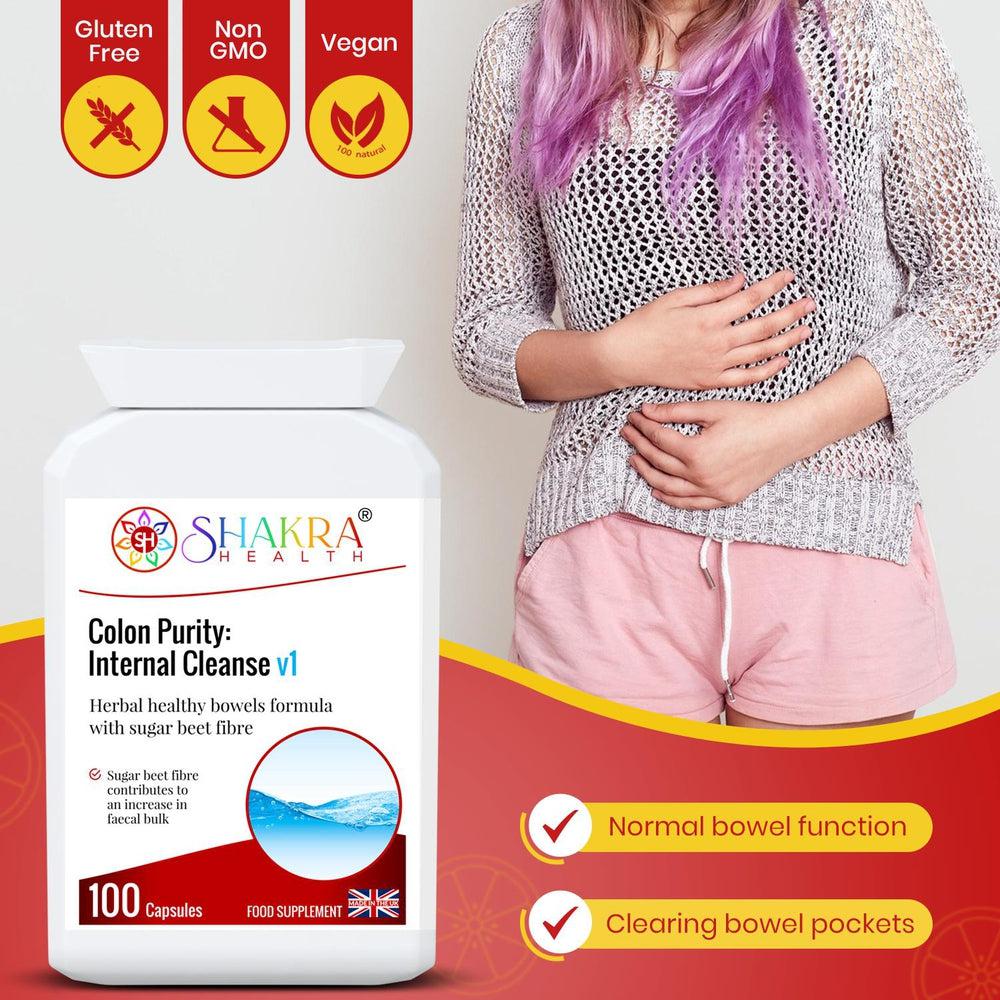 Buy Colon Purity: Internal Cleanse v1 by Shakra Health Supplements - Regular colon cleansing is such an important part of a healthier you. The sugar beet fibre in this formula, in particular, contributes to an increase in faecal bulk in two ways: the insoluble components of the fibre increase faecal bulk by absorbing water in the large intestine, while the soluble components are fermented by bacteria in the large intestine leading to an increase in bacterial mass. They also act to gently cleanse, stimulate 