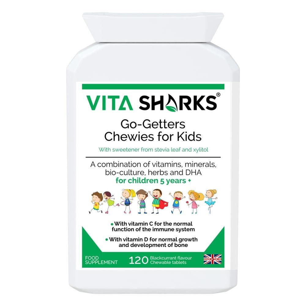 Buy Go-Getters Chewies for Kids | Immunity & General Health Support at SacredRemedy.co.uk. Looking for quality Supplement? We stock Vita Sharks Supplements: A special combination of vitamins, minerals, bio-culture, herbs and DHA. The vitamins and minerals selected for this food supplement provide combined support for the immune system, normal growth and development, bones, teeth, gums, energy levels, cognitive function and more - backed by science!