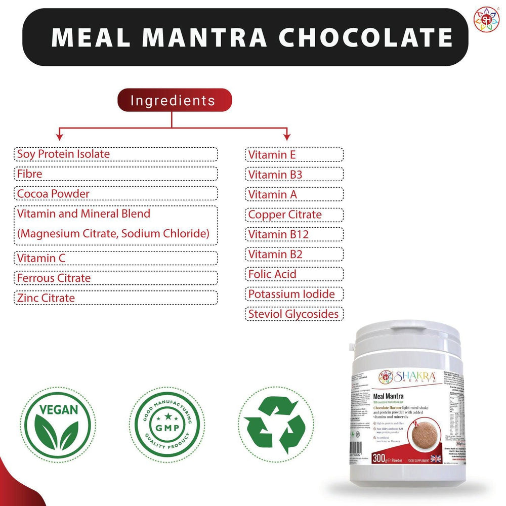 Buy Meal Mantra Chocolate Vegan Isolate Protein Powder | Shakra Health - Meal Mantra Chocolate is a vegan chocolate protein powder that is high in protein, low in sugar, and contains essential vitamins and minerals. It can be used for weight loss, meal replacement, and post-workout recovery. at Sacred Remedy Online