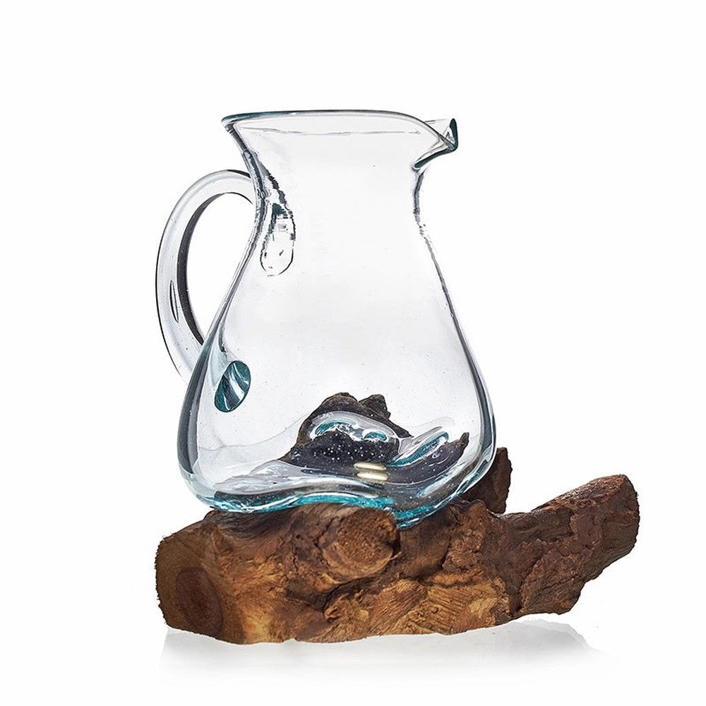 Buy Molten Glass on Wood Pitcher Jug. Removeable Decanter, Serving Carafe - Crafted by hand in Bali from recycled glass and Balinese Gamal wood. Each piece is entirely unique, the wood is natural, the glass is handblown. This stunning, molten art Water Jug brings the best of two worlds together: natural and man-made; earthy and chic; practical and spiritual. at Sacred Remedy Online