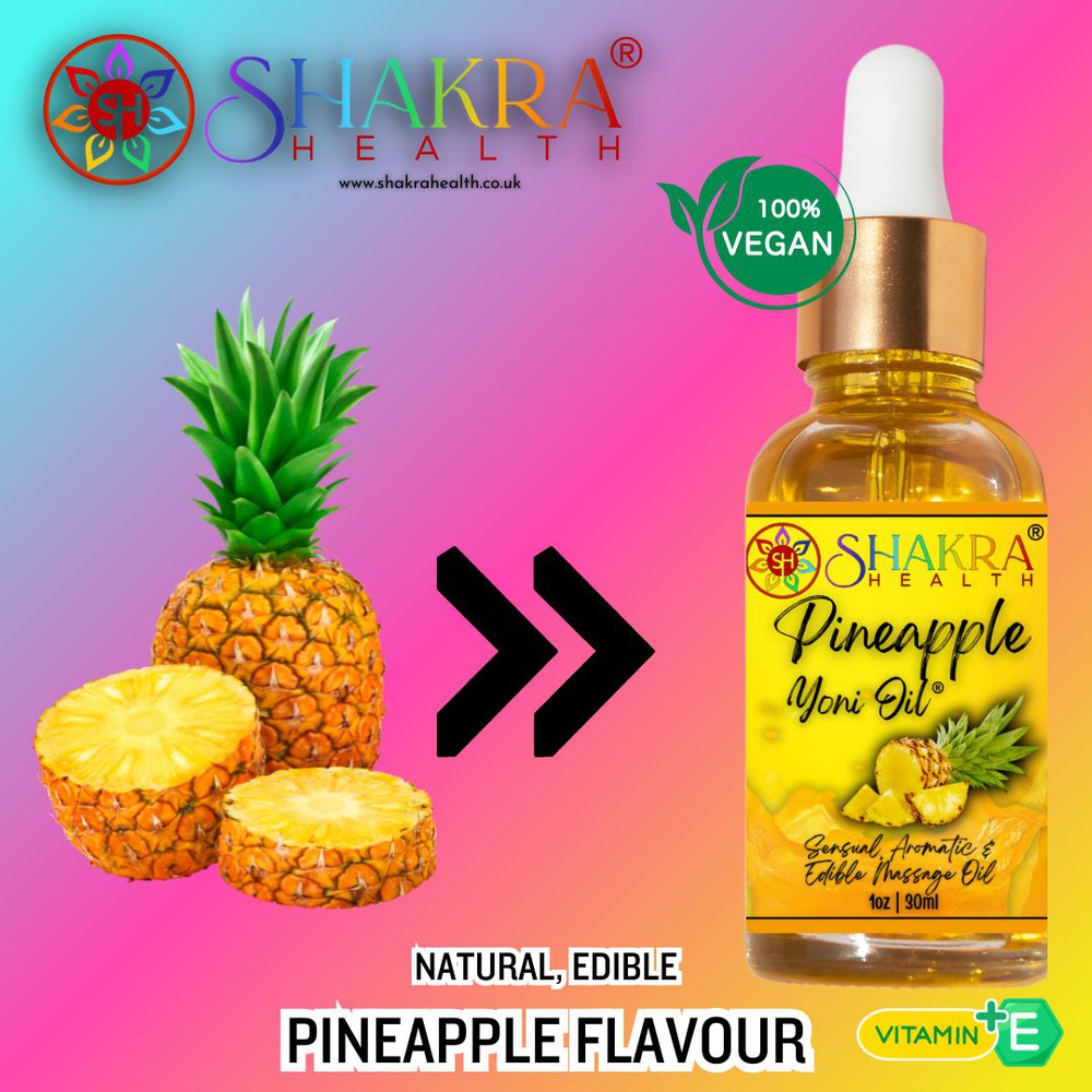 Buy Pineapple Flavoured Yoni Oil. Massage, Balance PH, Scent & Hygeine at SacredRemedy.co.uk. Looking for quality Yoni Oil? We stock Shakra Health: Edible Yoni Oils for him, or her, not only taste & smell great, but make egg insertion a breeze & liven up your romantic moments. Get ready to feel confident & daring together (or alone!), with the perfect blend of oils designed to stimulate, soothe, nourish & revive dry / itchy skin. Let the blend work its magic & feel alive!