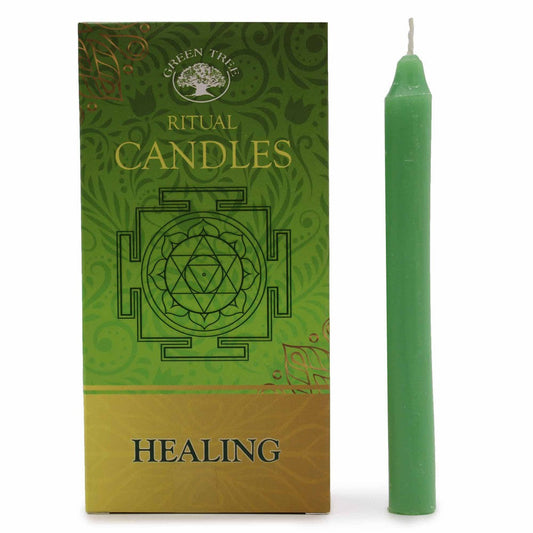 Buy Green Healing [Spell Candles] Pack of 10 - Green candles are often used in healing rituals and ceremonies. This colour is also associated with restoring balance, harmony, and related to the heart chakra. Green ritual candles can be used for spiritual and emotional healing as well as helping you focus on your physical health. A set of 10 at Sacred Remedy Online