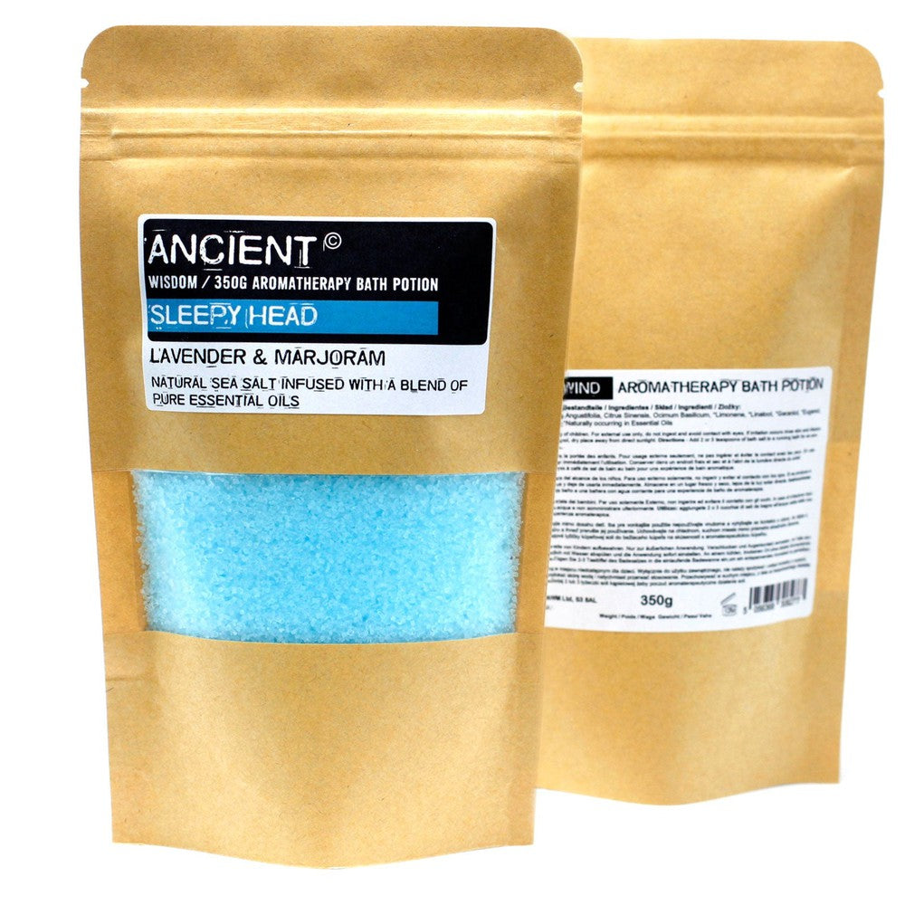 Buy - 350g Sleepy Head bath salt blend. Lavender & Marjoram natural sea salt infused with a blend of pure essential oils. One aromatic benefit that Lavender essential oil is widely known for is its ability to promote a relaxing atmosphere that leads to a restful night’s sleep. The calming properties of the oil help create a serene environment that is optimal for resting well and staying asleep. If you're looking for a way to relieve stress, ease achy muscles, and treat irritated skin, you may want to consid