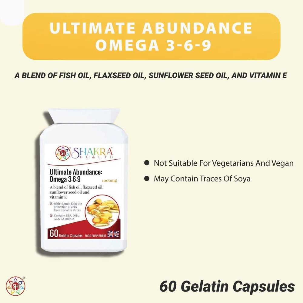 Buy Ultimate Abundance: Omega 3-6-9 | The Mindful Fish Oil Capsule at SacredRemedy.co.uk. Looking for quality Supplement? We stock Shakra Health Supplements: Try Fish Oil by Shakra Health. Increasing intake of omega-3 fatty acids may be beneficial for cardio health, affecting everything from triglyceride levels to hypetension. You can easily get the benefits of fish oil without eating fish — just grab Ultimate Abundance: Omega 3-6-9!