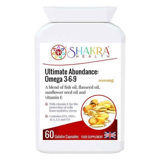 Buy Ultimate Abundance: Omega 3-6-9 | The Mindful Fish Oil Capsule - Try Fish Oil by Shakra Health. Increasing intake of omega-3 fatty acids may be beneficial for cardio health, affecting everything from triglyceride levels to hypetension. You can easily get the benefits of fish oil without eating fish — just grab Ultimate Abundance: Omega 3-6-9! at Sacred Remedy Online