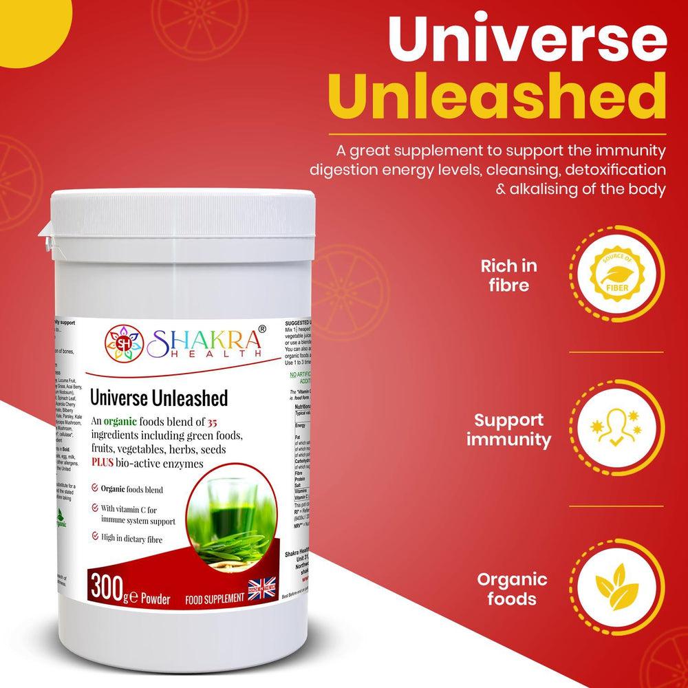 Buy Universe Unleashed | Organic Superfoods & Enzyme Combination - Organic superfood & enzyme combination. Universe Unleashed is no ordinary green shake - this Soil Association organic, high-fibre combination contains 35 green foods, vegetables, fruits, berries, herbs, sprouts, mushrooms and seeds plus bio-active enzymes - organic vegan nutrition made easy, with naturally high food form vitamin C content & plant protein. Supports immunity, digestion (bulk), energy levels, cleansing, detoxification & alkalis